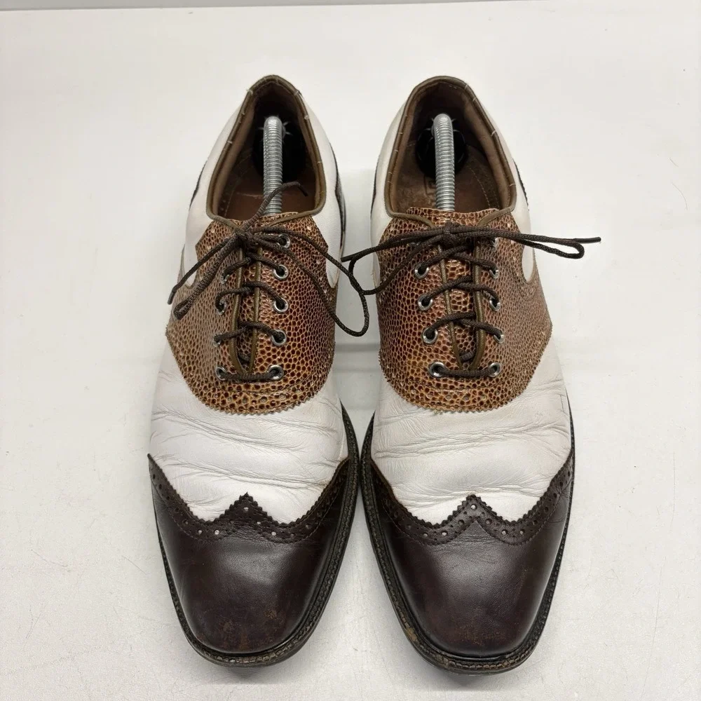 Footjoy Icon FJ Mens White Brown Black Lizard Print Golf Shoes Size 10.5